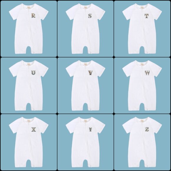 *MONOGRAM* BABY ROMPER-NWT Short Sleeve Short Bodysuit Double Zip Cotton White - Picture 14 of 16